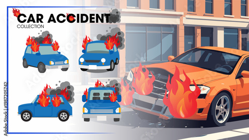 Vehicles involved in accidents with fire and smoke free vector