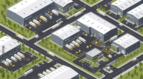 Isometric view of a large industrial complex with multiple warehouses and trucks.