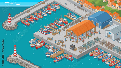 Isometric fishing port with numerous boats and bustling harbor activity.