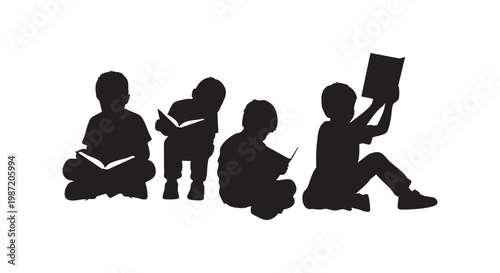 Children reading books vector illustration. a group of young boys sitting and engrossed in their reading.