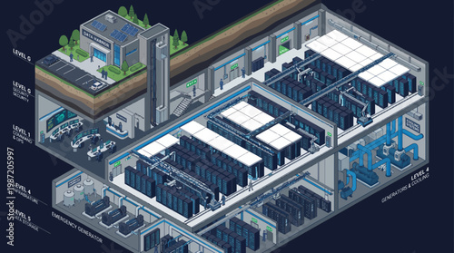 Isometric illustration of a large underground data center facility.