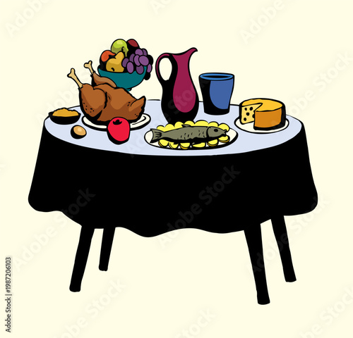 Vector drawing. Tasty feast food