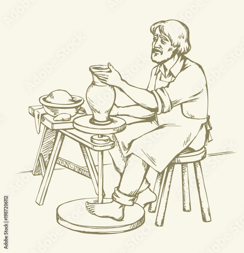 Vector drawing. Potter makes a jug