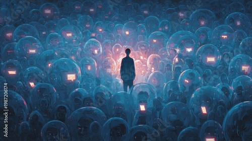 Surreal digital illustration of a person standing alone in a crowded social media environment, surrounded by floating speech bubbles and app icons (likes, hearts, shares, notifications). 