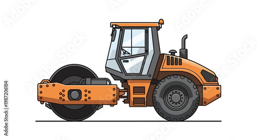 Orange Road Roller Construction Vehicle Machine.