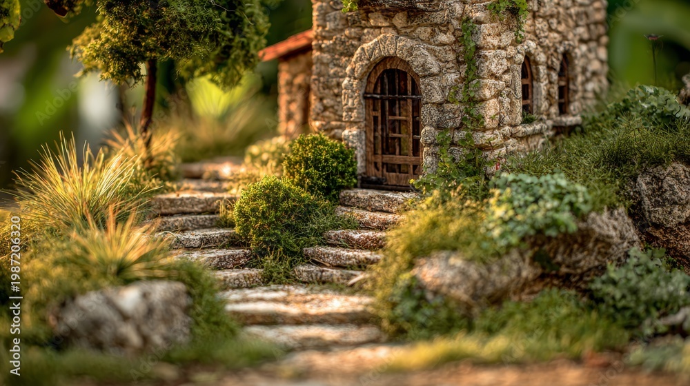 Naklejka premium Ancient Stone House Sanctuary: A timeless stone house, embraced by the tender embrace of nature, standing as a testament to history and enduring tranquility.