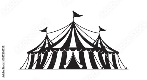 Circus tent silhouette with flags carnival big top striped marquee structure for festival events vector illustration.