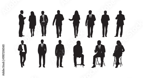 Collection of business people silhouettes in various poses, standing and seated, suitable for corporate and professional themes.