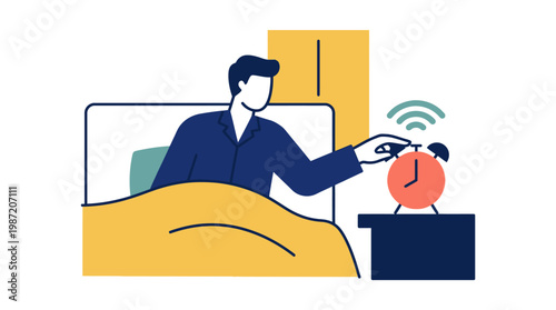 Man Waking Up Turning Off Alarm.