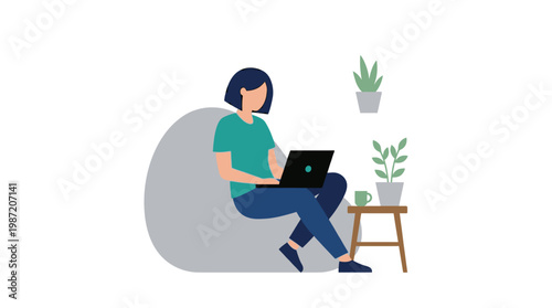 Woman sitting on bean bag chair.