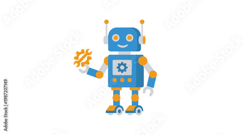 Smiling Robot Holding Gear Toy.