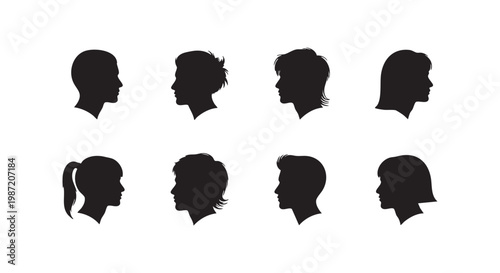 Collection of diverse human head profiles in silhouette, men and women hairstyles.