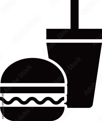飲食マーク　アイコン　ハンバーガーとジュース　モノクロイラスト素材