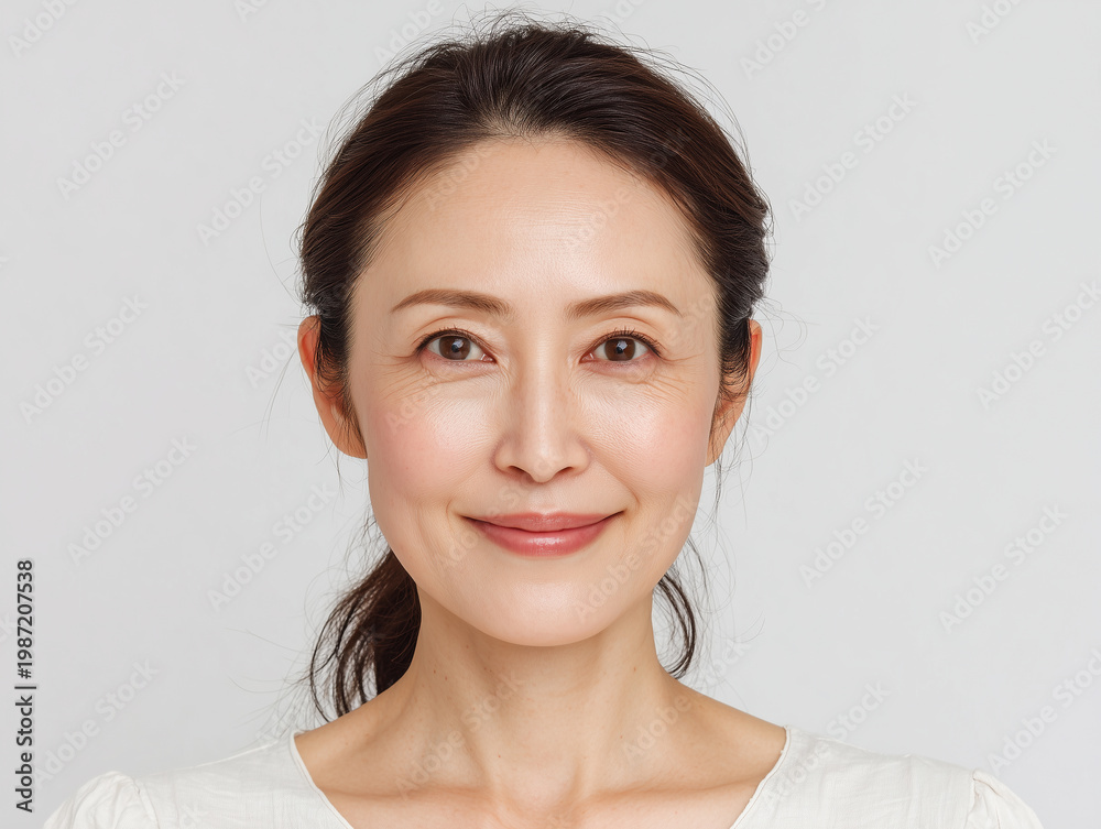 Fototapeta premium グレー背景で微笑むアジア人の中年女性ビューティーポートレート