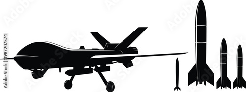 Military drone UAV silhouette set, black vector illustration of unmanned aerial vehicles carrying rockets and weapons for defense aviation and military technology graphics.