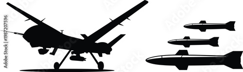 Military drone UAV silhouette set, unmanned aerial vehicles with missiles and weapons in black vector collection for defense aviation and security design.