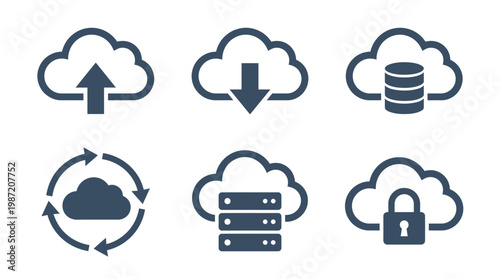 Collection of cloud computing icons illustrating upload, download, storage, and security