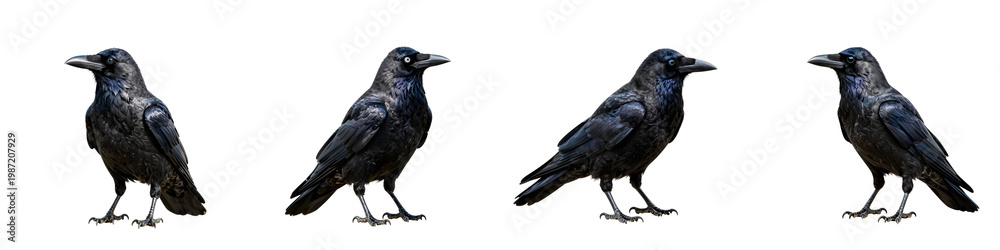 Fototapeta premium Four black ravens are standing in a row on a black background