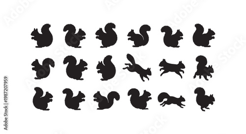 Collection of twenty squirrel silhouettes in various poses and actions, vector illustration.