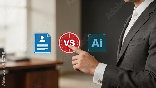 Businessman selecting comparing artificial intelligence vs resume hiring process recruitment selection decision making technology career job interview digital interface work