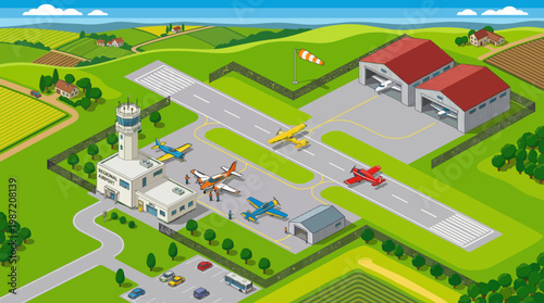 Small airport with various airplanes control tower and hangars.