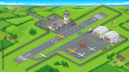 Small private airport with control tower and parked airplanes.