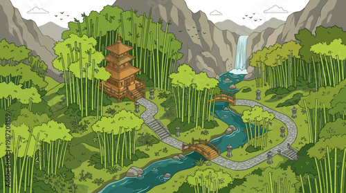 Traditional Asian pagoda nestled in a lush green forest.