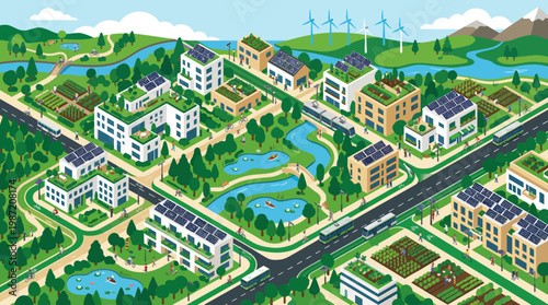 Sustainable urban planning with green buildings and renewable energy.