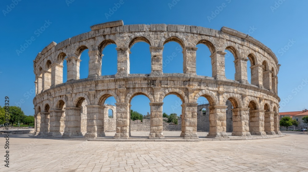 Obraz premium Stunning View of Ancient Roman Coliseum Ruins Against a Clear Blue Sky Captured in High-Resolution for Architectural and Historical Appreciation