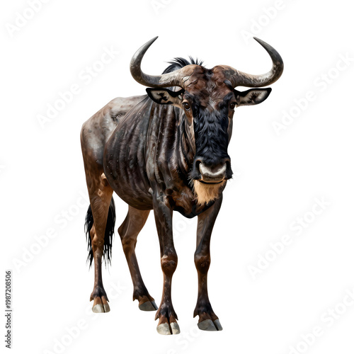 Full body illustration of a wildebeest standing on a black background looking forward