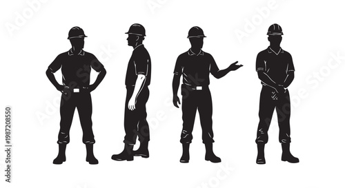 Construction workers in hard hats, silhouettes showing different poses and actions for industrial projects.