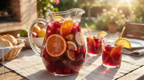 Refreshing fruit punch in pitcher with glasses on outdoor table  