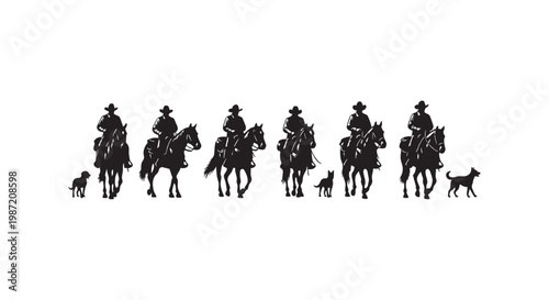 Cowboy on horse with dog vector set. group of western riders and their dogs, outline drawing collection.