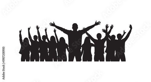 Crowd of people raising hands in joy and celebration with silhouettes of excited group cheering at music festival event.