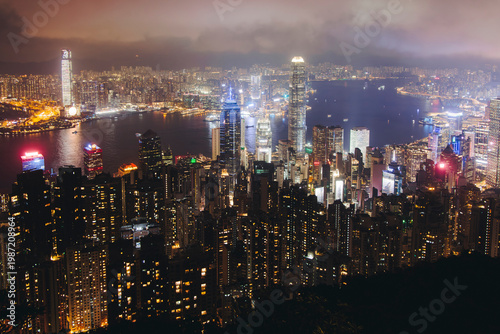 Photography Hong Kong night evening view, China, seen from Victoria Peak observation deck, L