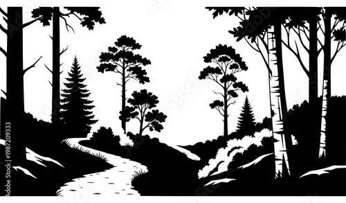 Forest silhouette with path vector landscape trees outdoor hiking nature illustration