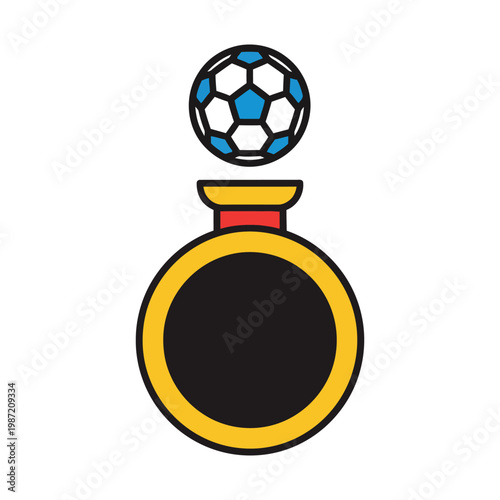 Colorful vector illustration of a soccer ball hovering above a golden ring, representing sports achievement, championship victory, football competition, and athletic success in a modern style.
