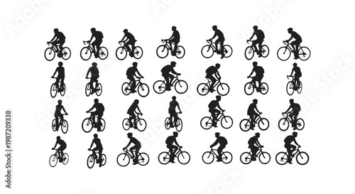 Cyclists silhouettes male female riding bicycles in rows isolated on white background vector illustration.