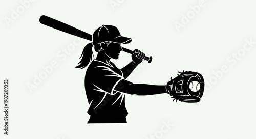 Female Baseball Player Silhouette with Bat and Glove Icon
