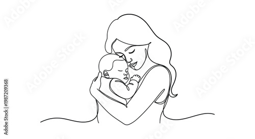 Minimalist continuous line art of a mother hugging her sleeping baby for motherhood and love concept