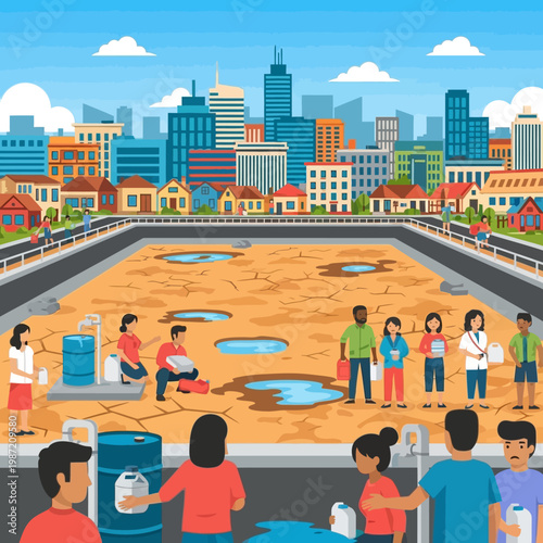 Urban drought, people collecting water, cityscape background, water scarcity, community action