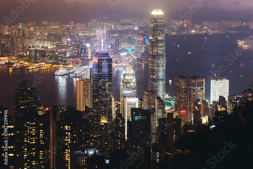 Photography Hong Kong night evening view, China, seen from Victoria Peak observation deck, L