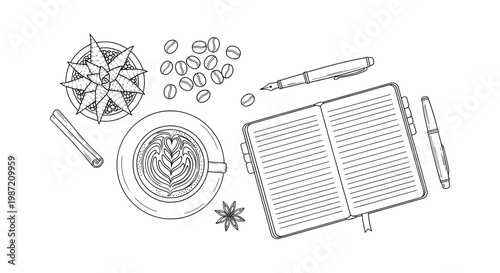 Hand Drawn Coffee and Notebook Line Art Illustration with Succulent, Pens, and Spices Workspace Set.