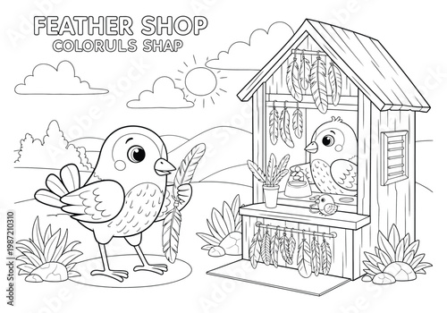 Coloring page for children with a cute bird holding a feather in front of a feather shop, featuring a bird shopkeeper inside, sunny landscape background, black and white line art illustration
