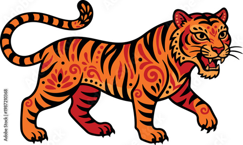 Stylized Tiger With Orange And Red Decorative Patterns