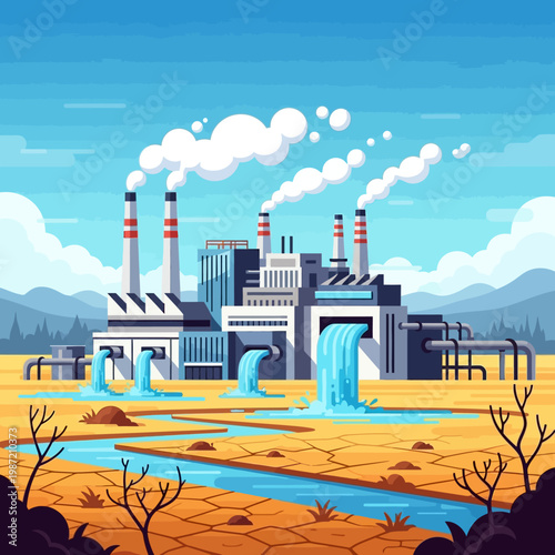 Industrial factory, pollution, smokestacks, power plant, environmental impact