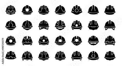 Diverse Collection of Black Silhouette Hard Hat Icons Symbolizing Safety, Protection, and Industrial Workwear