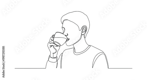 Continuous line drawing of a man drinking hot coffee or tea from a cup, minimalist vector art style
