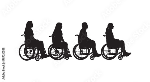 Diverse group of people in wheelchairs depicted as black silhouettes on white background.