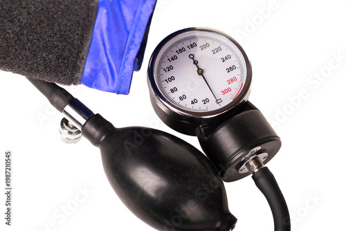 Medical equipment for measuring blood pressure with a gauge and cuff on a white background